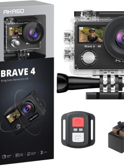 AKASO Brave 4 4K30fps 20MP WiFi Action Camera Ultra Hd with EIS 131ft Waterproof Camera Remote Control 5xZoom Underwater Camcorder with 2 Batteries and Bicycle Helmet Accessories Kit